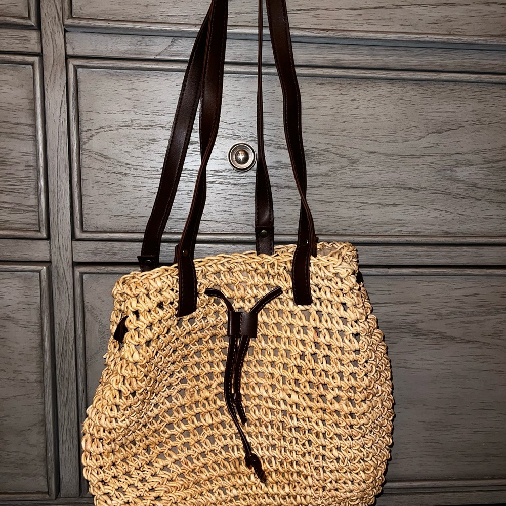 Raffia Tan Tote Bag with Brown Straps